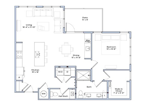 Floor plan for 1 bed, 1 bath, 1060 sqft